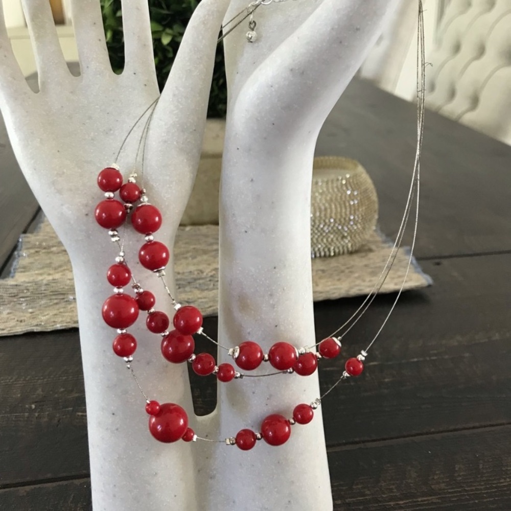 🍒 silver tone red beads multi layer necklace